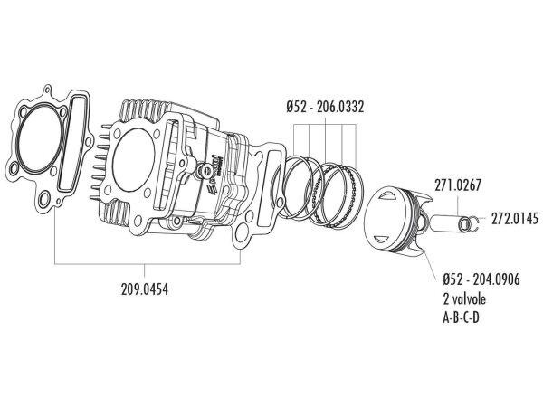 Kolben Satz Polini 107ccm 52mm (B) für Polini Minicross, Minimotard 110 XP4T mit 2V Zylinderkopf