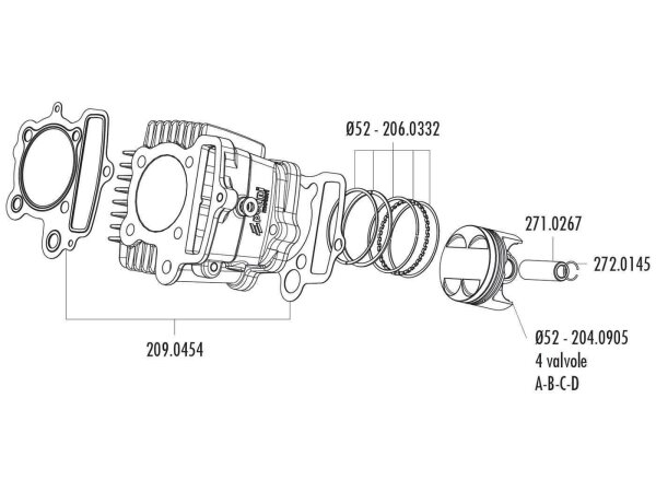 Kolben Satz Polini 107ccm 52mm (A) für Polini Minicross, Minimotard 110 XP4T mit 4V Zylinderkopf