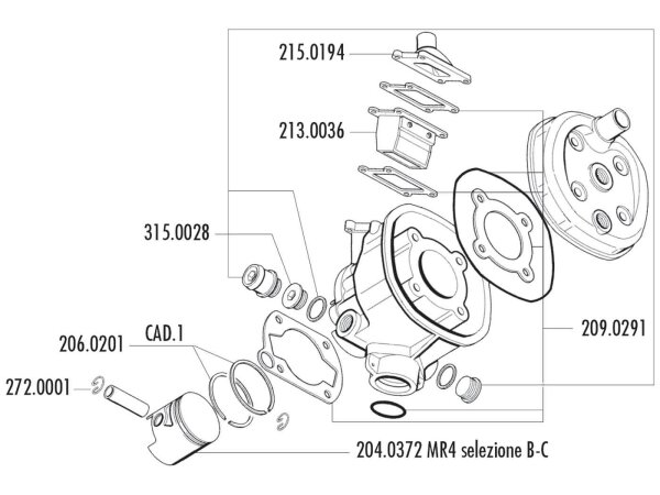 piston kit Polini 70cc 47mm (B) for Malaguti Dune 50, Minarelli MR4