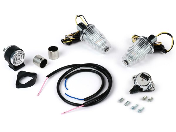 Conversion kit for handlebar indicators -MOTO NOSTRA, LED, E-marked, 6 Volt- Vespa Smallframe V50, 50N, PV, ET3, Largeframe Rally, Sprint, TS, GT, GTR, SS180 - Ø=24mm - colourless