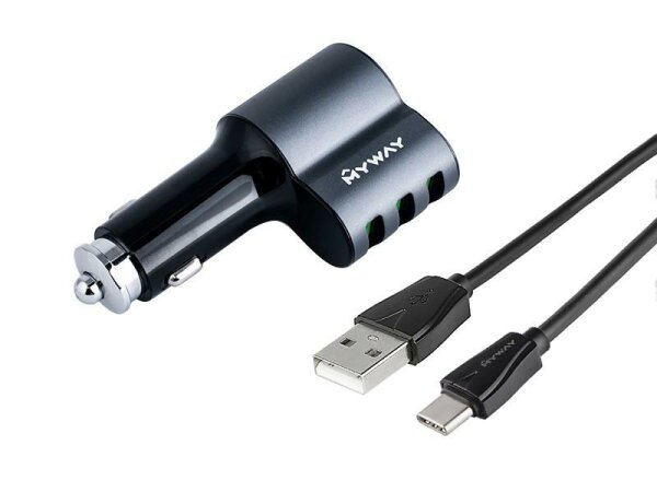 12/24V Ladegerät  3x USB Auto-ID max 5.1A mit Zigarettenanzünderbuchse + USB Kabel > USB-C