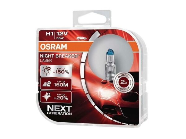 Glühlampen OSRAM H1 12V 55W P14.5 Night Breaker Laser, Next Generation +150%, 2 Stk