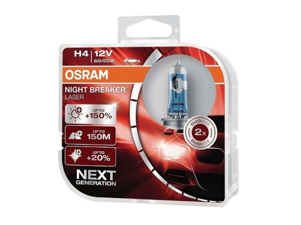 Glühlampen OSRAM H4 12V 60/55W P43t Night Breaker Laser, Next Generation +150%, 2 Stk