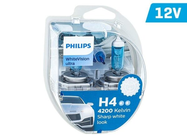 Glühlampen PHILIPS H4 12V 60/55W P43t + W5W 12V W21x9,5d WhiteVision ultra 4200K