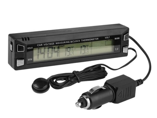 Innen-/Außenthermometer mit Voltmeter und Uhr, beleuchtet